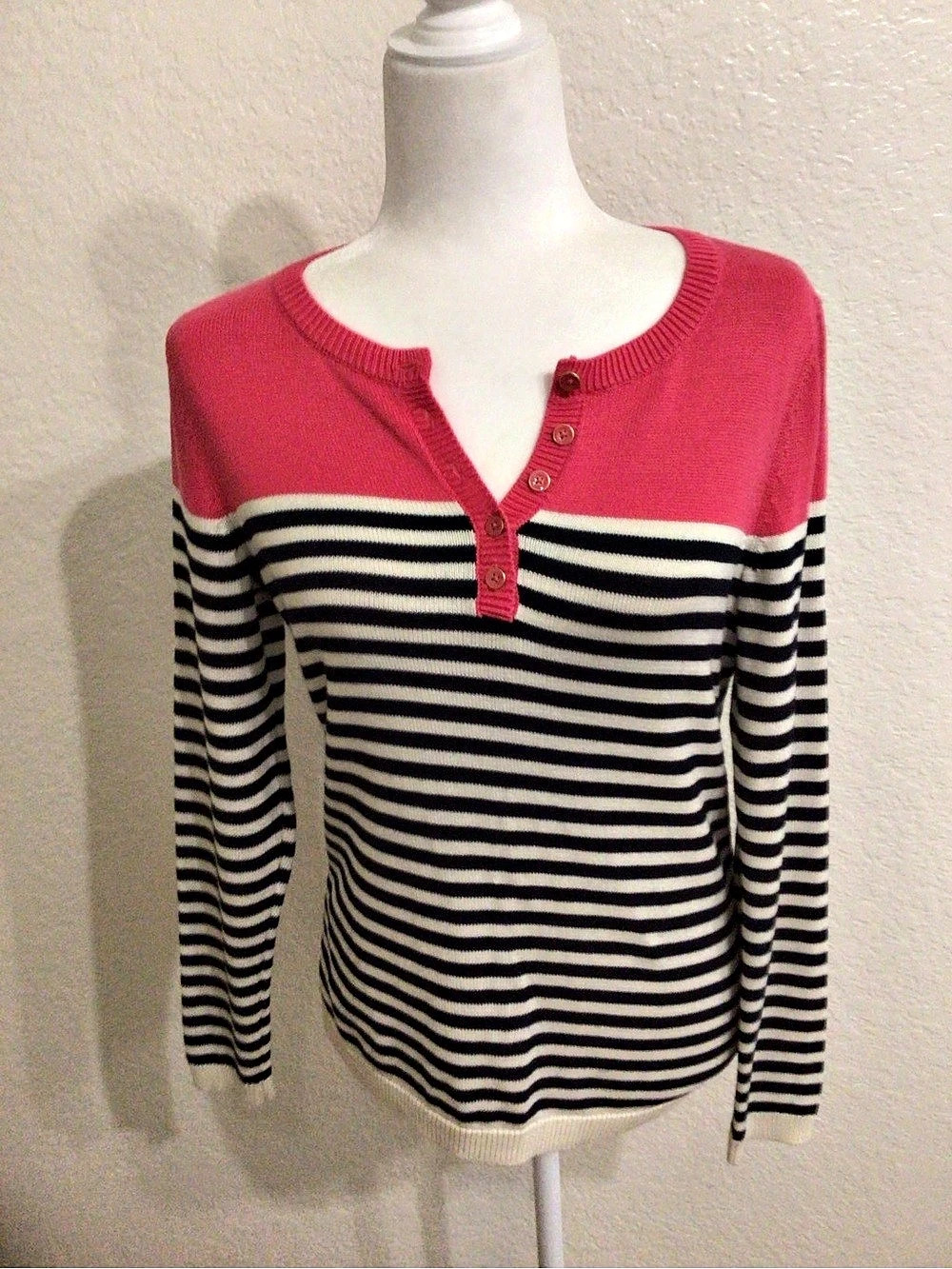 Talbots Striped Henley Sweater in Pink & Black Small
